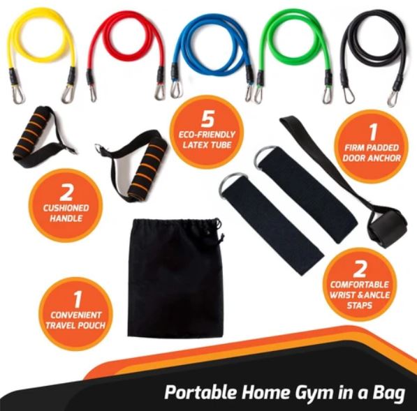 Ultimate Home Workout Kit (5 Tubes, 2 Handles, Door Anchor, 2 Wrist & Ankle Straps, 1 Bag)